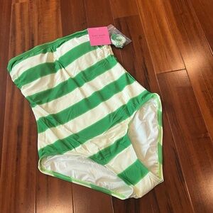 New NWT Kate Spade Swimsuit Pesto Green White Stripe One-Piece Straps Size Small